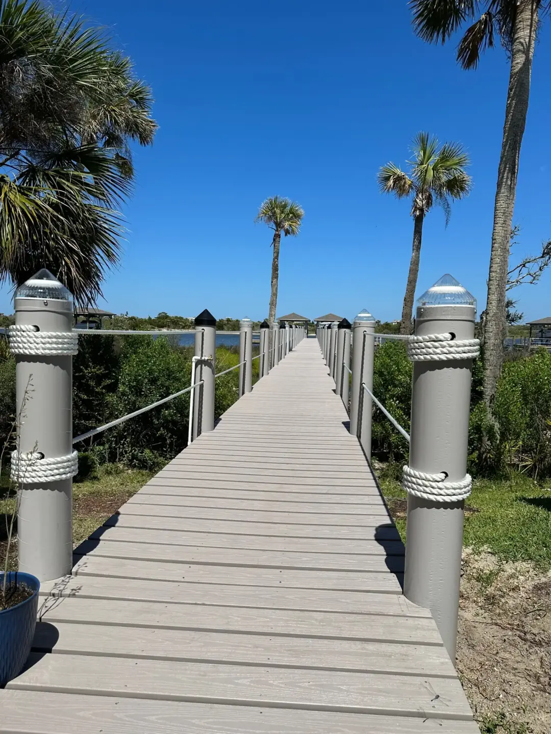 Composite deck and dock featuring trees and clear sky view on the background