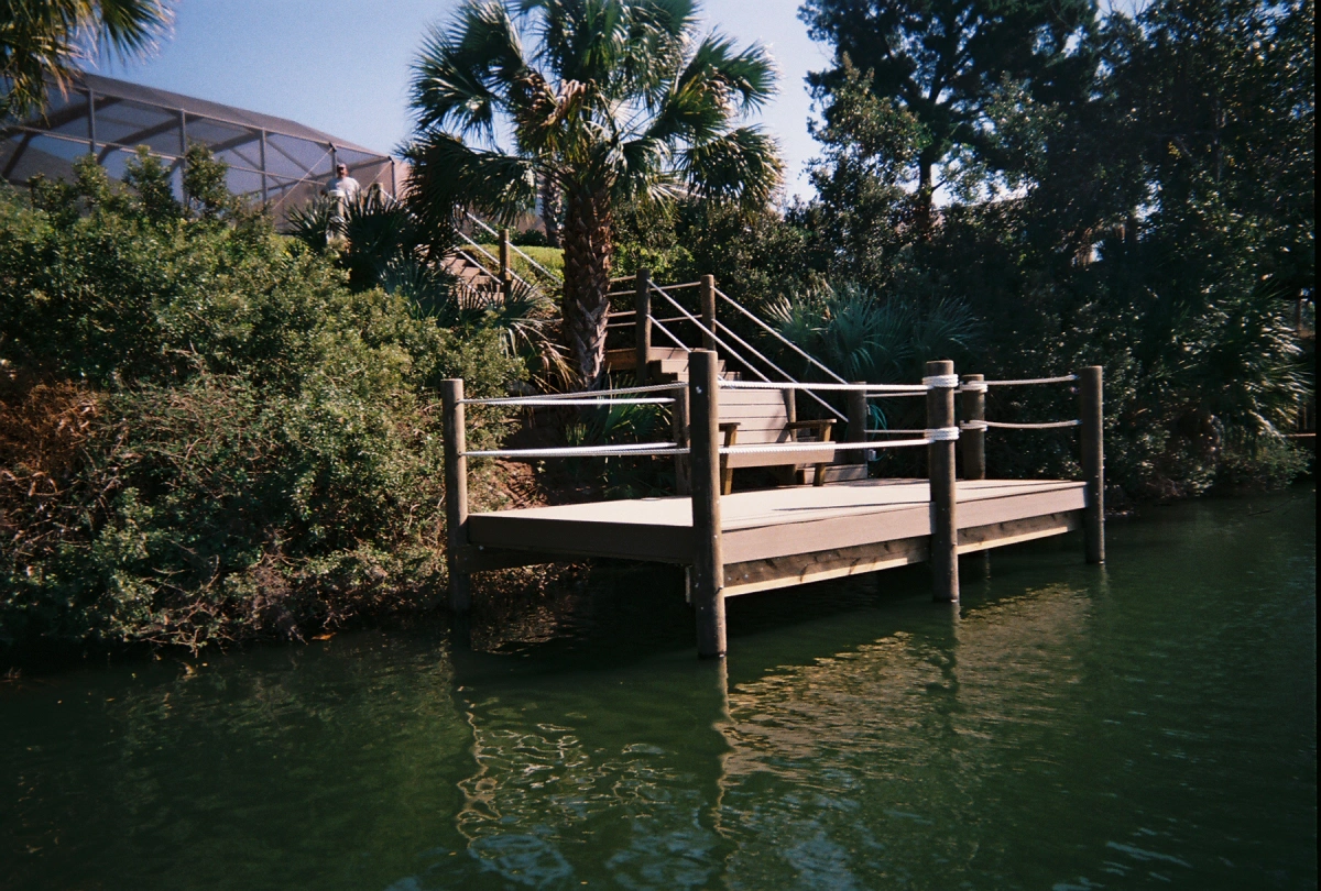 Hardwood deck and stairs with chair on the florida