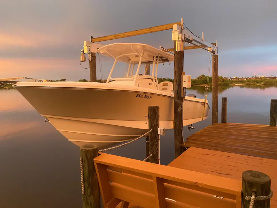 Pressure treated lumber deck and dock with boat on it on the florida
