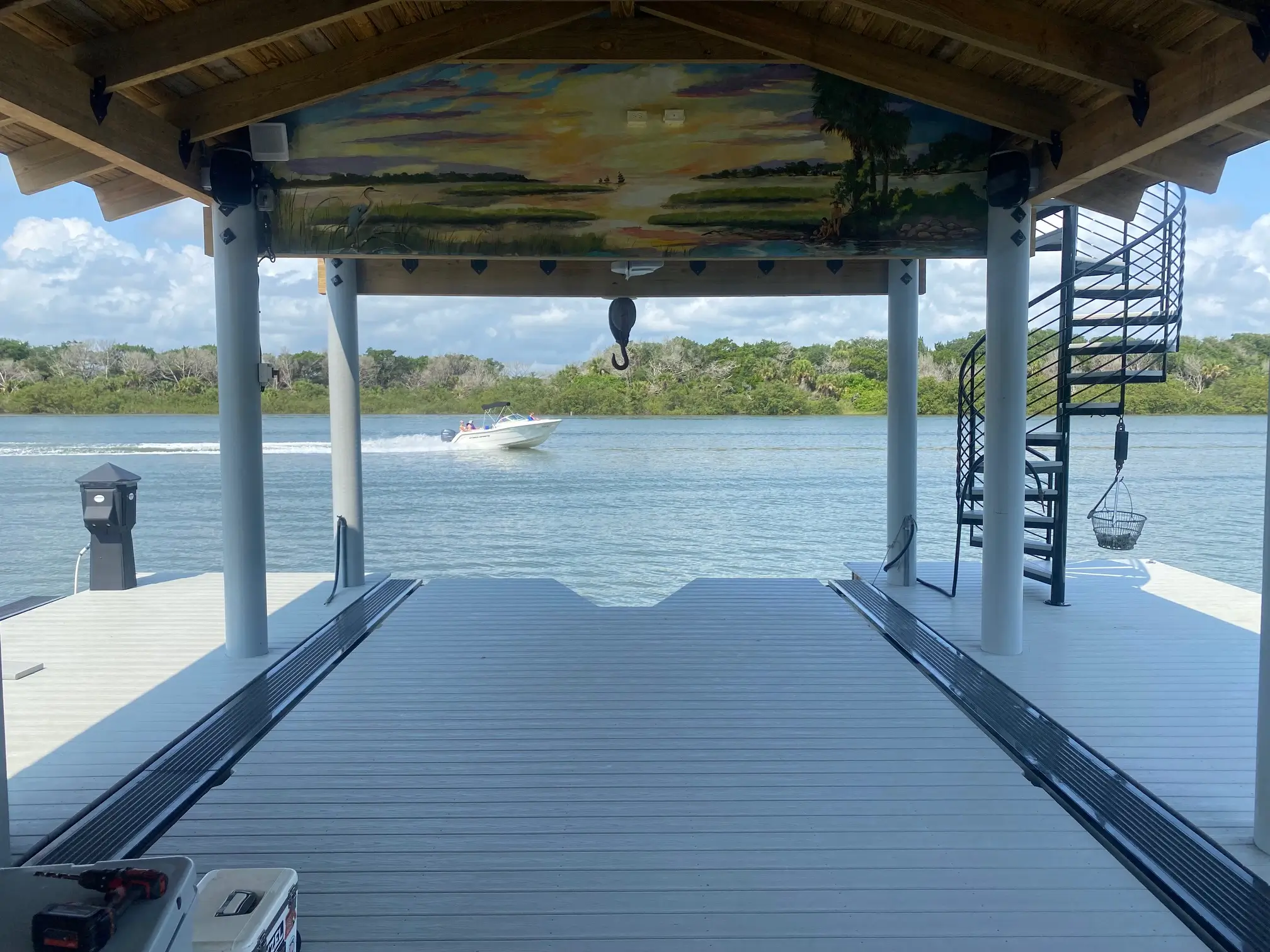 White boathouse deck with overlooking sea view on the florida